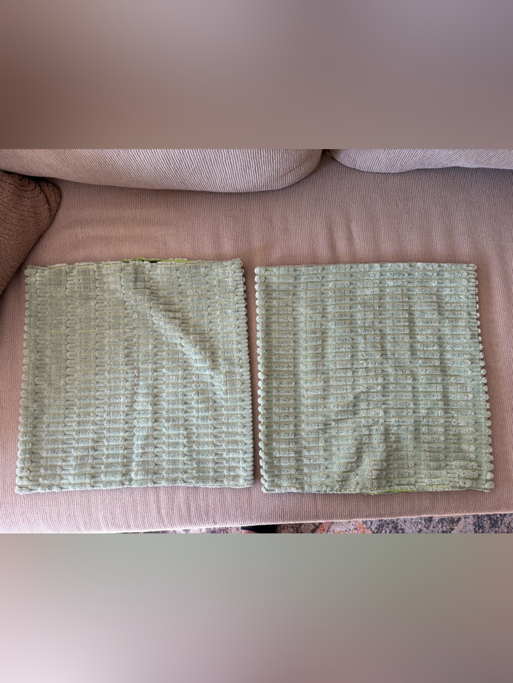 Set of 2 Sage Green Textured Corduroy Throw Pillow Covers 18x18 Boho Striped